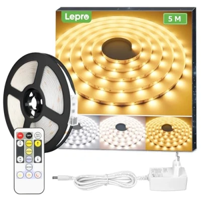 Obrázek Lepro LED pásek 5 m sada stmívatelný, teplá bílá až studená páska 12 V samolepicí, flexibilní DIY pásek, IP20 lišta, 300 SMD 2835, světelný do interiéru kuchyně a pokoje