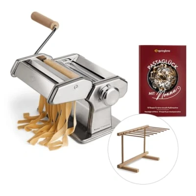 Obrázek SPRINGLANE Manuální stroj na nudle Nonna, ušlechtilá ocel, paprička vč. sešitu s recepty, sušák a 3 nástavce krájení špaget, lasagne, tagliatelle šedá