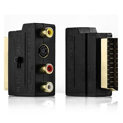 Obrázek deleyCON Scart na 3X cinch zdířky IN/Out přepínač + S video VHS AV audio adaptér černý