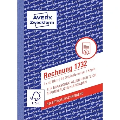 Obrázek AVERY Zweckform 1732 faktura (A6, 2 x 40 listů, propisující s barevnou průrazkou, čistou a hrubou částkou, DPH atd., pro zaznamenání všech právně potřebných údajů) bílá/žlutá