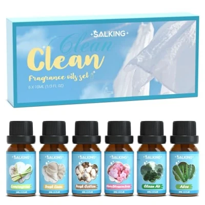 Obrázek SALKING Sada čistých éterických olejů, aromaterapie vonný olej, dárková sada, vonné oleje pro difuzér zvlhčovače vzduchu, 6 x 10 ml citronová tráva, čerstvá bavlna, čerstvé prádlo, třešňové květy,