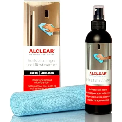 Obrázek ALCLEAR Profesionální čistič z ušlechtilé oceli 721ER 250 ml s profesionálním hadříkem mikrovlákna, čistí ušlechtilou ocel bez šmouh, proti nečistotám, otiskům prstů a mastnotě