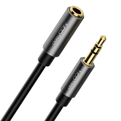 Obrázek deleyCON 5m jack audio Stereo AUX kabel prodlužovací 3,5 mm prodloužení kovová zástrčka mobilní telefon smartphone tablet sluchátka HiFi Receiver (extra tenký a
