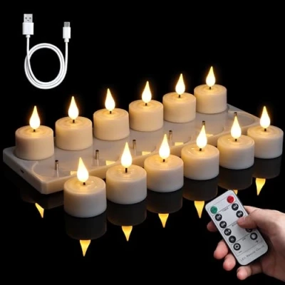 Obrázek FREEPOWER 12dílná dobíjecí LED čajové svíčky s nabíjecí stanicí, dálkové ovládání a časovačem, elektrické plápolající teplá bílá stmívatelná, čajová svíčka USB kabelem, Ø 4 x 5,5 cm