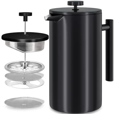 Obrázek KICHLY kávovar French Press 34 oz 1000 ml (4 šálky na kávu / 8 šálků kávu) s trojitým filtrem z ušlechtilé oceli a izolovanými stěnami černý