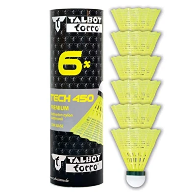Obrázek Talbot Torro Badminton Ball Tech 450, 6dílná dóza, barva: Žlutá, Rychlost: zelená/pomalá, prémiový nylonový pružinový míček, raketoplán, nylonové košíčky, pro vnitřní i venkovní pérový míček a
