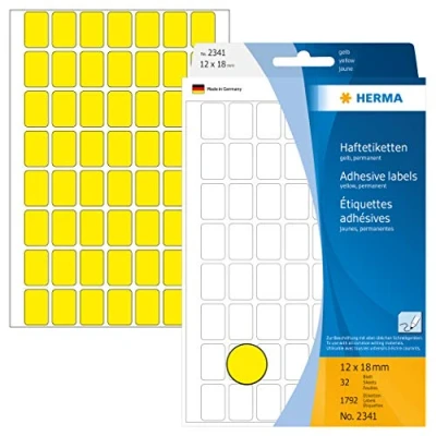 Obrázek HERMA 2341 Víceúčelové etikety mini (12 x 18 mm, 32 listů, papír, matný) samolepicí, permanentně přilnavé pro domácnost k ručnímu popisu, 1792 samolepicí etikety, žluté