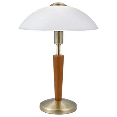 Obrázek EGLO stolní lampa Solo 1, 1 plamenná lampa, materiál: Ocel, dřevo, barva: Brüniert, ořech, sklo: satinované bílé, objímka: E14, vč. dotykového stmívače