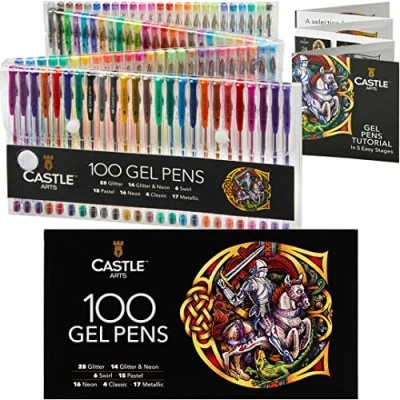 Obrázek Castle Art Supplies 100 gelových tužek profesionální sada na malování kreslíčky, zápisníky skvělé barvy, efekty vířivé, třpytivé, neonové, pastelové, metalické s měkkými, jemnými špičkami