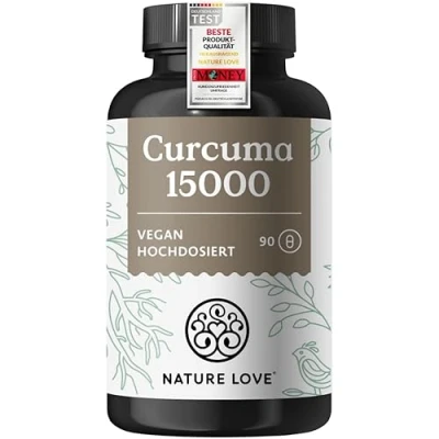Obrázek NATURE LOVE® Extrakt z kurkumy 15000 mg 90 kurkumových kapslí vysoká dávka 95 % kurkumin v jedné kapsli s černým pepřem veganské, laboratorně testováno a vyrobeno Německu