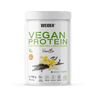 Obrázek Weider Veganský protein (750g) vanilková příchuť. 23 g protein/dávka, isolát hrášku (isany) a rýžové proteiny. S vitamínem B12 stevia. Bez lepku, cukru. Balení 50% Recycelt, 100% recyklovatelné