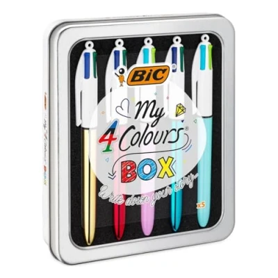 Obrázek BIC sada kuličkových per ve 4 barvách, barvy, 5dílná tužek v kovové krabičce se 3 Colours Shine a 2 barevnými zábavnými tužkami, nápad na dárek pro sběratele, box My Colours, 1 kus (balení 5