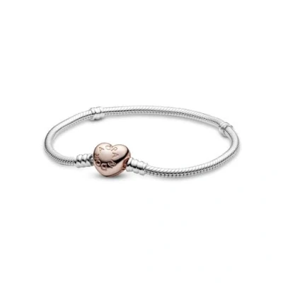 Obrázek PANDORA Moments hadí článkový náramek se zavíráním ve tvaru srdce, 580719 16, stříbrný/růžový, 16 cm, Mincovní stříbro, Bez kamene