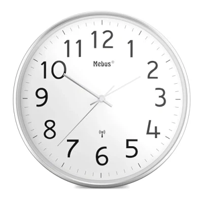 Obrázek Mebus Moderní rádiové nástěnné hodiny s kovovým pouzdrem ve stříbrné barvě model 52680, stříbrná, bílá,