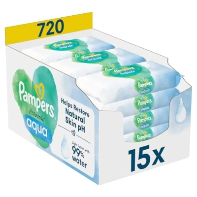 Obrázek Pampers Harmonie Aqua vlhčené ubrousky 15 balení po 48 vlhkých ubrouskech 720 ubrousků, které pomáhají obnovit přirozenou hodnotu pH pokožky, lehké mléko s 99 % vodou