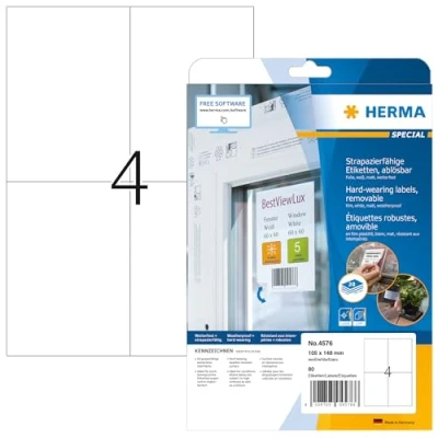 Obrázek HERMA 4576 Fóliové etikety odolné vůči povětrnostním vlivům odstranitelné, 20 listů, 105 x 148 mm, 4 pro arch A4, 80 kusů, samolepicí, potištěné, matné, prázdné lepicí z fólie, bílé
