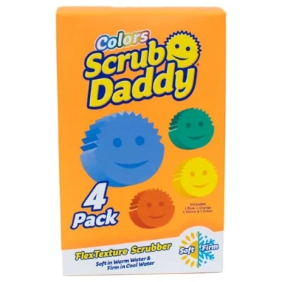 Obrázek Scrub Daddy barevná čisticí houbička ve tvaru smajlíku (balení více ks) mění strukturu, mycí houba, která nepoškrábe, do kuchyně, bez zápachu, vhodná na hrnce, myčky nádobí 4 ks