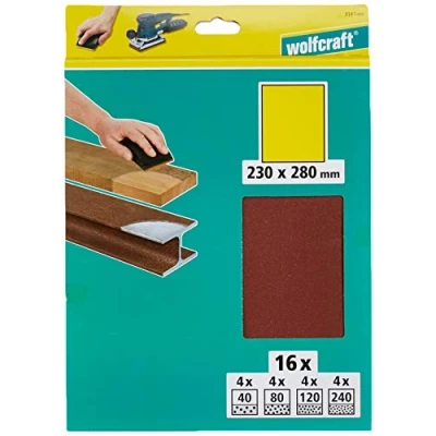 Obrázek wolfcraft Sada listů brusného papíru 230 x 280 mm, 16dílná I 3141000 na dřevo, kov, lak, plast brusné listy pro vibrační a ruční brusky