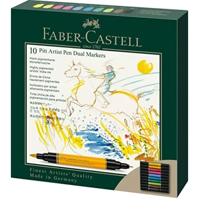Obrázek FABER CASTELL 162010 Pitt Artist Pen Dual Marker tušové pero, se dvěma hroty, štětcovým hrotem a kovovým vláknovým hrotem, 10 ks kartonového pouzdra