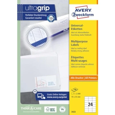 Obrázek AVERY Zweckform 3422 adresní nálepky (2 400 lepicích štítků, 70 x 35 mm na A4, papír matný, potištěné štítky pro odesílatele, samolepicí s ultragripem) 100 listů, bílé
