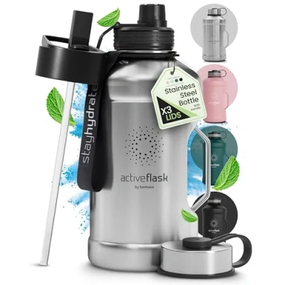 Obrázek láhev na pití z nerezové oceli Active FLASK + brčko (3 víka) Velká 1,3 / 2,2 litru, sportovní bez BPA, odolná proti vytečení vhodná pro sycené nápoje, 2l XL vodu outdoorová