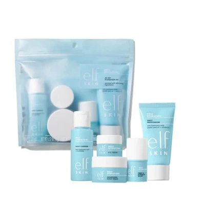 Obrázek e.l.f. hydratační sada SKIN Jet pro hydrataci, péče o cesty, čistič obličeje, balzám na péči, krém, oční krém a noční veganské netestované zvířatech