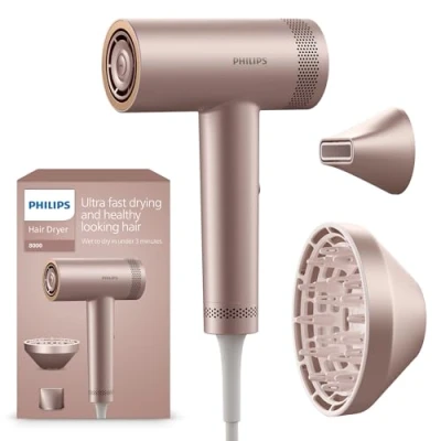 Obrázek Philips Vysokorychlostní vysoušeč vlasů série 8000, ThermoShield Advanced, ionic, stylingová tryska a difuzér, péče o pokožku hlavy, 1400 W, růžové šampaňské, model BHD837/10