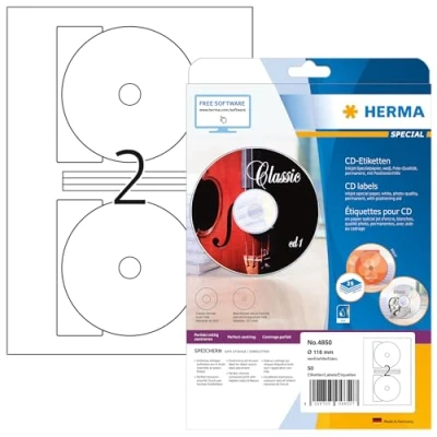 Obrázek HERMA 4850 CD DVD etikety vč. centrovací pomůcky pro inkoustové tiskárny, 25 listů, Ø 116 mm MAXI, 2 arch A4, 50 kusů, samolepicí, s možností potisku, matné, prázdné papírové lepicí