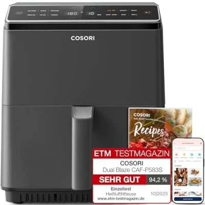 Obrázek COSORI horkovzdušná fritéza XXL, Dual Blaze, 6,4 l (1,8 kg) WiFi připojení, s 12 multifunkcemi, 90+ online receptů a receptářů, Full Touch Screen, 1700 W, tmavě šedá