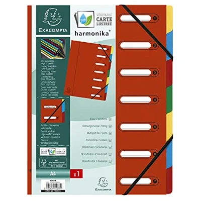 Obrázek Exacompta 55075E Premium pořadač Harmonika. Z extra silného kartonu Colorspan, DIN A4, 7 přihrádek a 2 gumičky s indexovým okénkem pružnou zadní stranou, červená