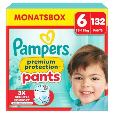 Obrázek Pampers Dětské plenky Pants velikost 6 (15 kg+) Premium Protection, Extra Large s taštičkou proti zastavení a ochraně, měsíční box, 132 plenek do kalhotek