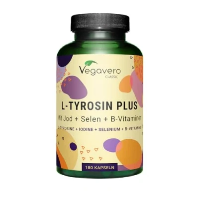 Obrázek L tyrosin 1. 200 mg S jódem, selenem a vitamíny B pro energii* &amp; psychiku* z fermentace, veganské bez přísad 180 kapslí Německá výroba Vegavero®