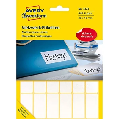 Obrázek Avery Zweckform 3324 etikety pro domácnost samolepicí (38 x 18 mm, 648 nálepek na 27 arších, univerzální domácnost, školu a kancelář k popisování označování) prázdné, bílé