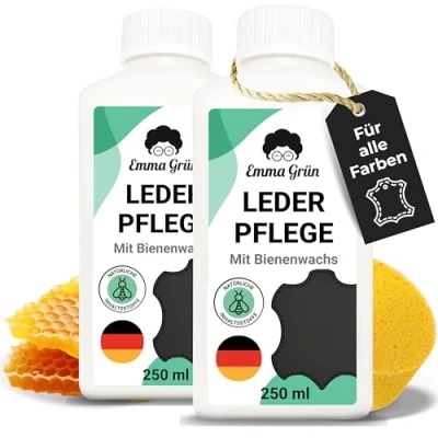 Obrázek Emma Grün® péče o kůži pro kožené pohovky a pohovku 2x 250 ml [s včelím voskem] hladký umělá kůže autosedadla prostředek na péči pohovku, bundy &amp; koženku (+ houba)