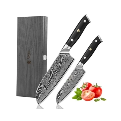 Obrázek Wakoli Nitoko 2dílná sada damaškových nožů Profi kuchyňský nůž Santoku 67 vrstev damaškové oceli rukojeť G10, průchozí Erl včetně dřevěného boxu a ochrany prstů