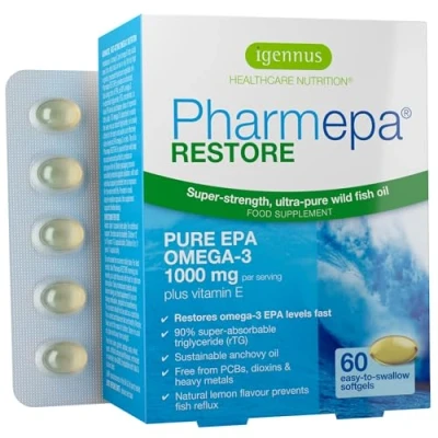 Obrázek FarmEPA RESTORE 1000 mg čisté EPA ve formě triglyceridů, Omega 3 90% mastné kyseliny v kapslích rybího oleje, vysoká dávka, trojnásobná síla, 60 kapslí, od Igennus