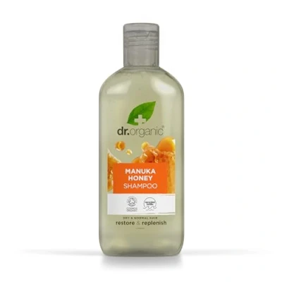 Obrázek Dr Organic Manuka Honey Šampon, suché vlasy, přírodní, vegetariánský, bez pokusů na zvířatech, parabenů a SLS, recyklovatelný &amp; recyklovaný z plastu vázaného v moři, certifikováno Bio, 265 ml