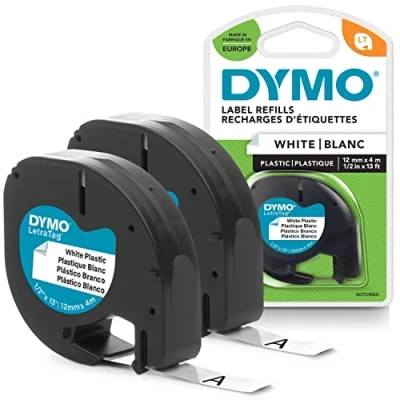 Obrázek DYMO Originální páska na etikety LetraTag černá bílé 12 mm x 4 m samolepicí plastová pro popisovací zařízení 2 kazety