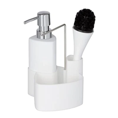 Obrázek WENKO Sada na mytí nádobí Empire, 4 v 1 dávkovač mycího prostředku, kartáč a organizér, vysoce kvalitní keramika s povrchem Soft Touch, objem 250 ml, 11 x 19 12,5 cm, bílá
