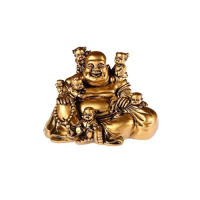 Obrázek lachineuse Lachende Buddha Statue mit 5 Kindern 14 cm, goldfarben Feng Shui Dekoration Chinesisches Zen Dekorationsobjekt für Innenbereich, Wohnzimmer Geschenkidee China Asien Viel Glück