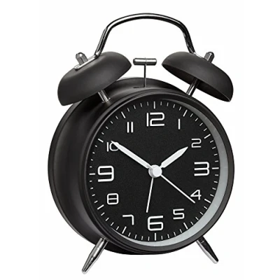 Obrázek TFA Dostmann Analogový kovový zvonkový budík, 60. 1025, retro design, hlasitý alarm, tichý hodinový stroj, podsvícení, černá, D 117 x Š 56 V 159 mm