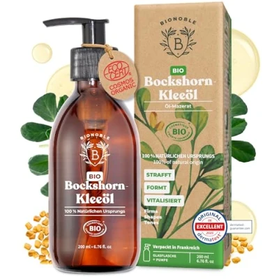 Obrázek Bionoble Olej z pískavice řecké seno bio 200 ml olejový macerát ze semen a slunečnicového oleje tělo, oblast prsou, hýždě, vlasy, nehty Vegan Fenugreek Oil skleněná láhev + pumpa