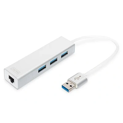 Obrázek DIGITUS USB rozbočovač 3 porty RJ45 ethernetová přípojka Super Speed 3.0 5 GBit/s Gigabit LAN hliníkové pouzdro