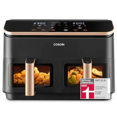 Obrázek Cosori horkovzdušná fritéza 2 komory fritéza, 6 v 1 dvouzónová XXL 8,5 l, dvojitá komora s okénkem pro kompletní jídlo, 50 receptů, energeticky úsporná