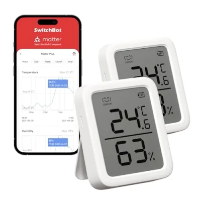 Obrázek SwitchBot Innen Thermometer Hygrometer 2 Stück, Innentemperatur Feuchtigkeitssensor mit intelligenter Warnung und 68 Tage Datenspeicherung, Bluetooth Raumthermometer für Baby, Zuhause, Garage