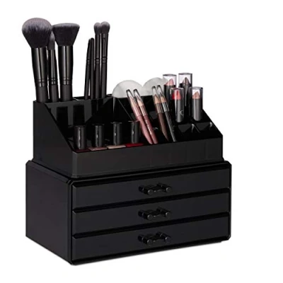 Obrázek Relaxdays, Černý organizér na make up malý, 2dílný úložný prostor líčení se zásuvkami, stohovatelný kosmetický regál, plast, v x š h: cca 19 23,5 14 cm