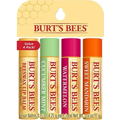 Obrázek Burt&#039;s Bees 100% přírodní, hydratační balzám na rty, čerstvě sklizený včelí vosk, máta, meloun a sladká mandarinka {4 tuby x 4,25 g }, 4 kusy (balení 1 ks)