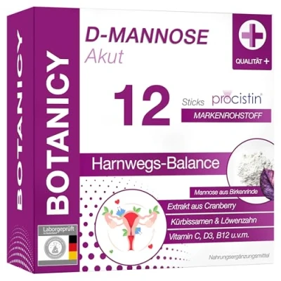 Obrázek Botanicy D Mannose + CRANBERRY AKUT 12 tyčinek pitný prášek Při cystitidě a infekci močových cest PROCISTIN® s brusinkovým extraktem pampeliška, dýně, vitamin C, L methionin