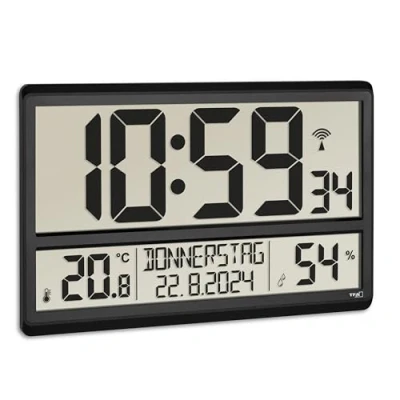 Obrázek TFA Dostmann XL nástěnné hodiny digitální, 60.4520.01, s teplotou a vlhkostí vzduchu, den v týdnu (8 jazyků), rádiové hodiny, dobře čitelné, velké, černé, (L) 360 x (Š) 235 (V) 28 (84) mm