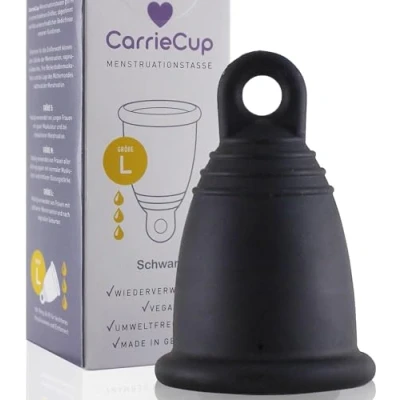 Obrázek CarrieCup menstruační kalíšek velký, vyrobeno v Německu vč. sáčku bez BPA, alternativa k tamponům a obvazům, silikonu, pohár, černý